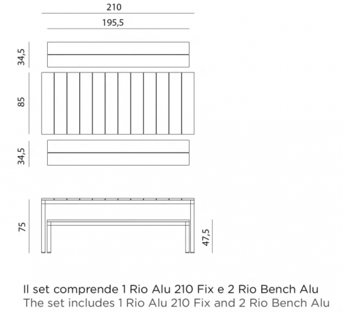 Комплект садовый Nardi DEI- Rio Alu (стол 210 см + 2 скамейки)